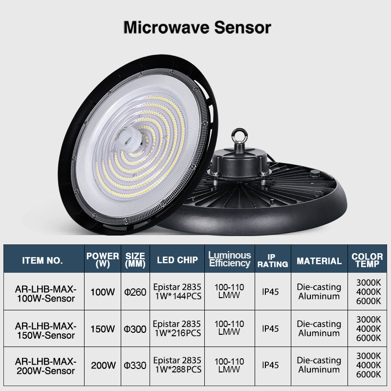 Indoor Warehouse Lighting Smd2835 100W 150w 200w Microwave Sensor 0-10v Dimming Light UFO High Bay Led for Factory Workshop