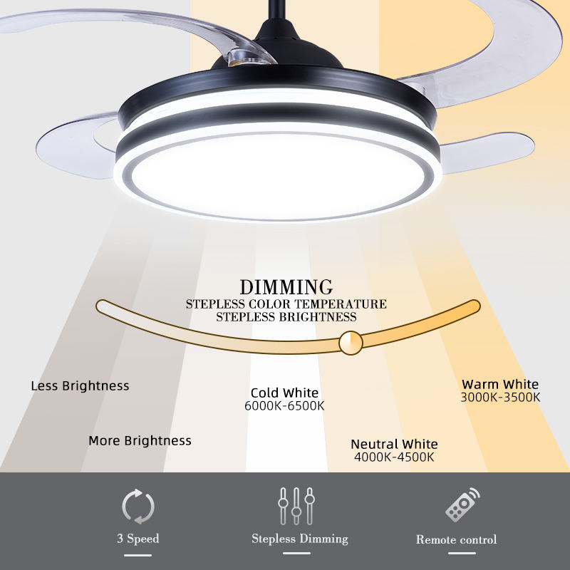 Retractable LED Ceiling Fan Light 42 Inch, Modern DC Motor Remote Control Pendant Lamp for Living Room Bedroom Indoor Lighting