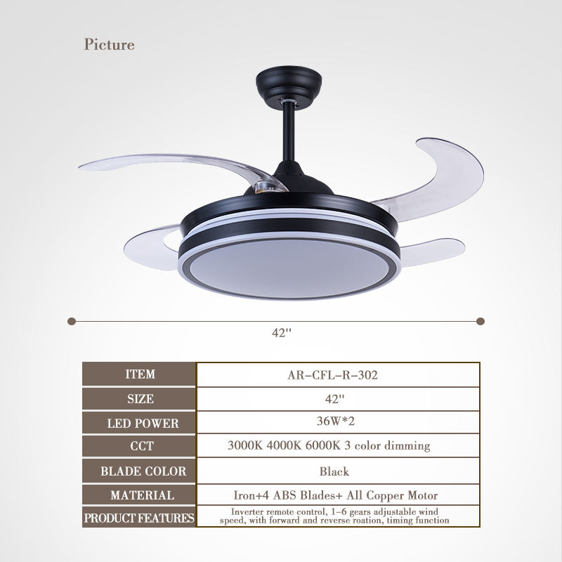Retractable LED Ceiling Fan Light 42 Inch, Modern DC Motor Remote Control Pendant Lamp for Living Room Bedroom Indoor Lighting