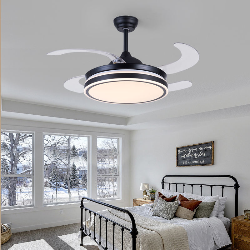 Retractable LED Ceiling Fan Light 42 Inch, Modern DC Motor Remote Control Pendant Lamp for Living Room Bedroom Indoor Lighting