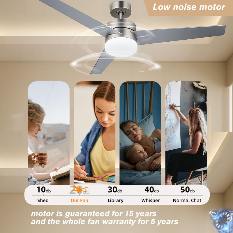 52 Inch Modern Nickel Three Leaves Lamp Ceiling Fan with Light DC Remote Control Chandelier Household Ceiling Fans