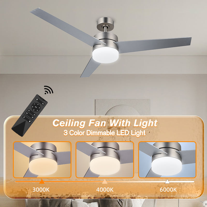 52 Inch Modern Nickel Three Leaves Lamp Ceiling Fan with Light DC Remote Control Chandelier Household Ceiling Fans