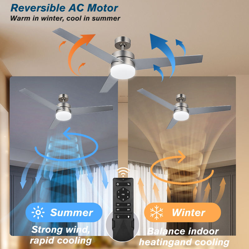 52 Inch Modern Nickel Three Leaves Lamp Ceiling Fan with Light DC Remote Control Chandelier Household Ceiling Fans