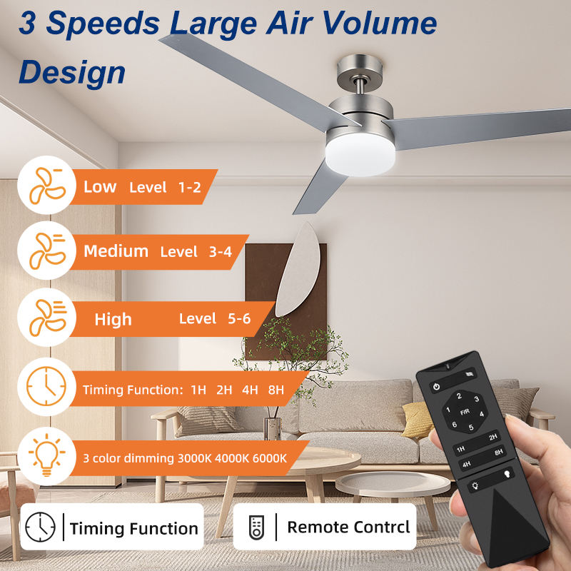 52 Inch Modern Nickel Three Leaves Lamp Ceiling Fan with Light DC Remote Control Chandelier Household Ceiling Fans