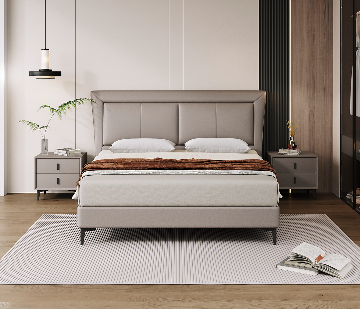 Grey 2 Cushion Faux Leather Headboard Double Bed R082