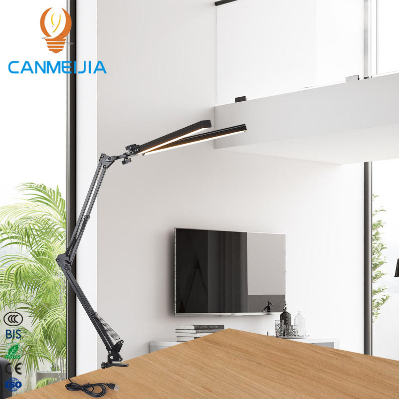 Double Headed Folding Mechanical Arm Desk Lamp 38cm Black USB Powered Clip on Installation Office Study Book Lights/Table Lamps