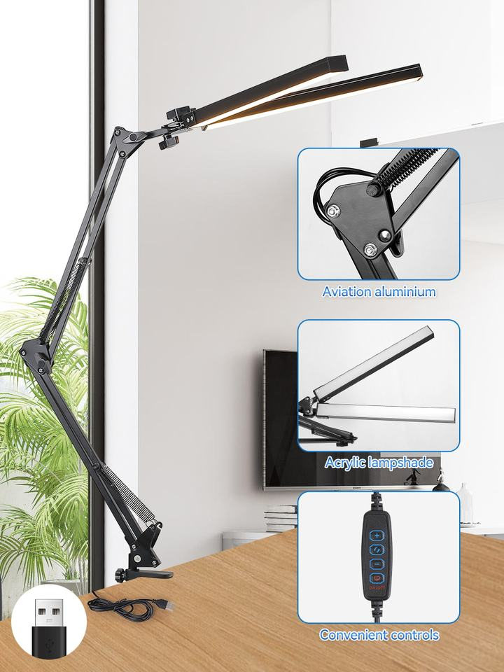 Double Headed Folding Mechanical Arm Desk Lamp 38cm Black USB Powered Clip on Installation Office Study Book Lights/Table Lamps
