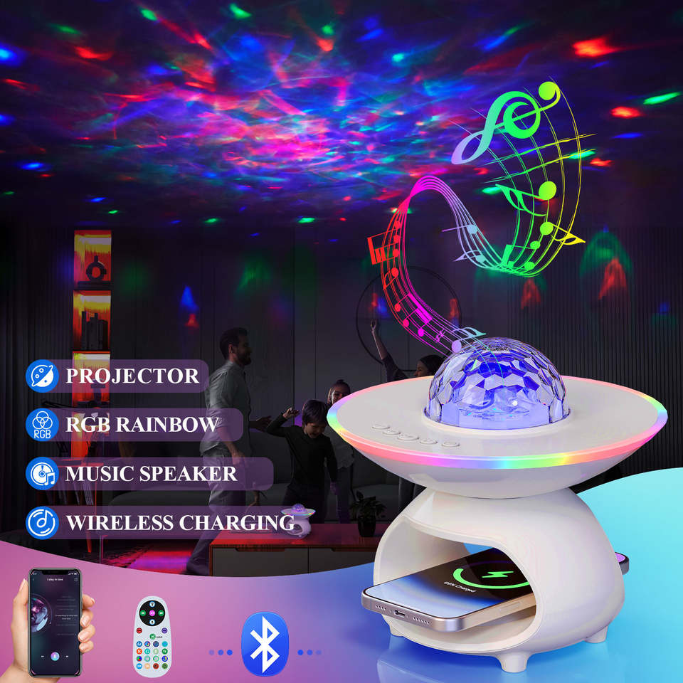 Smart Home Decor RGB Projectors Wireless Phone Charging Table Lamp USB Rechargeable Music Speaker Room Bedside Led Night Light