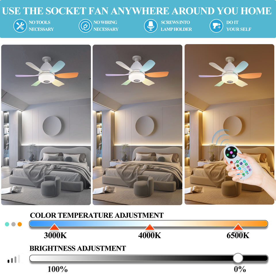 Ceiling Led Fan Light Moving Head Intelligent Dimming Fan Bulb Home Decor 360 Rotating Remote Control Modern E27 Ceiling Fan