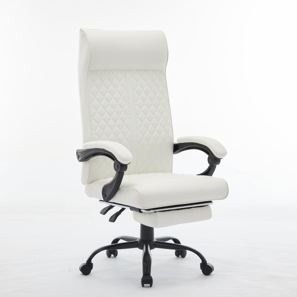 Big and Tall Ergonomic Adjustable Revolving Executive Chair Luxury Leather White Office Chair with Footrest