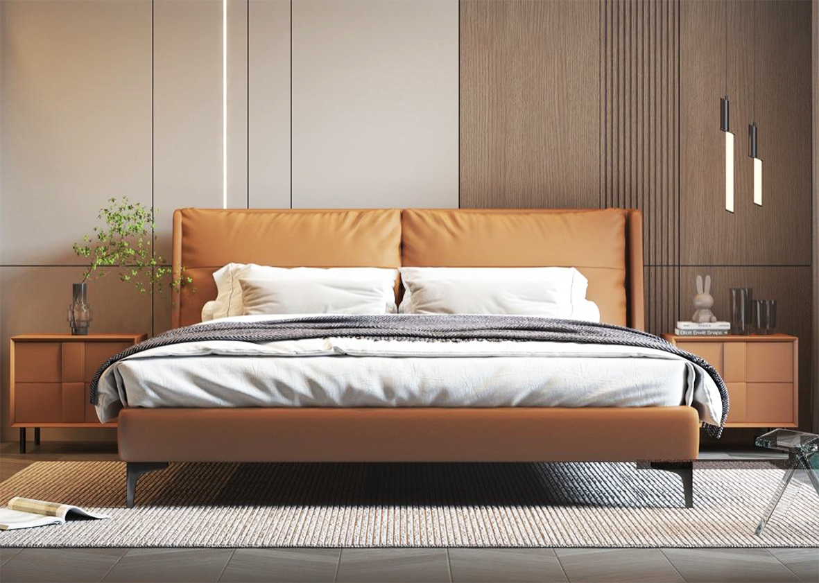 Orange Faux Leather Headboard Double Bed R241026