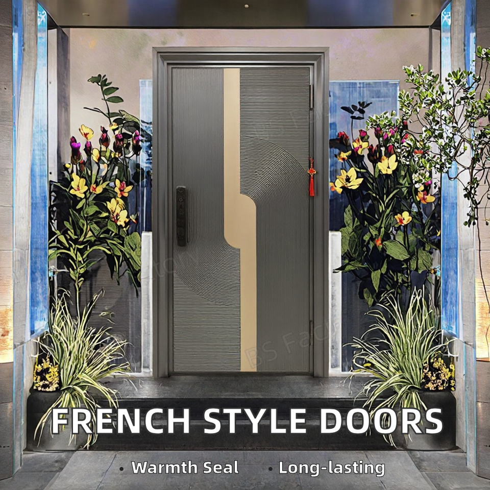 Skyland Double French Front Door Modern Iron Pivot Wrought Fiberglass Glass Steel Material Outdoor Entry Bedroom Exterior