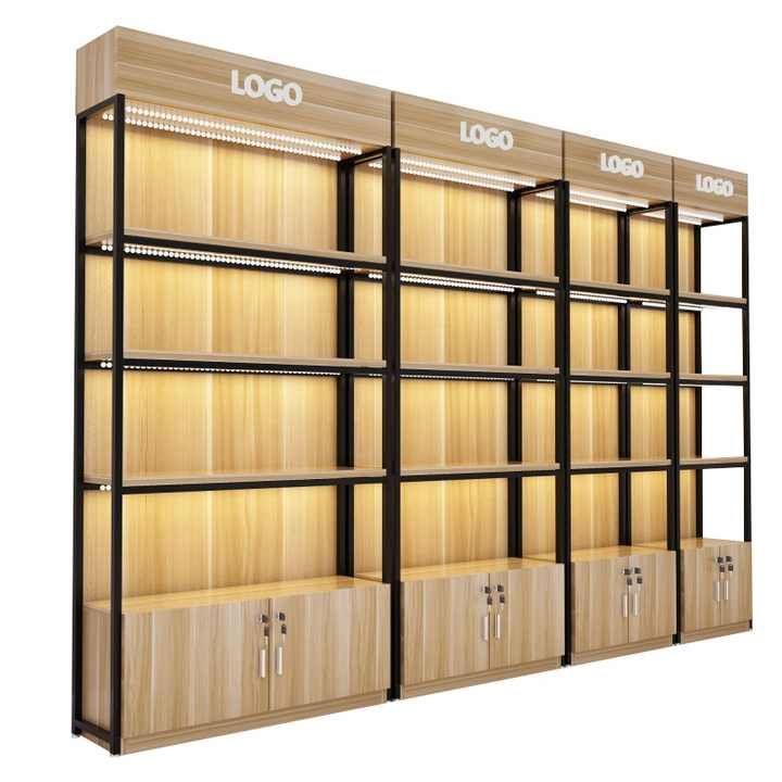 Metal Wood Display Shelf for Retail Shop Retail Bookstore Display Rack with LED Light Wooden Display Shelving for Sale