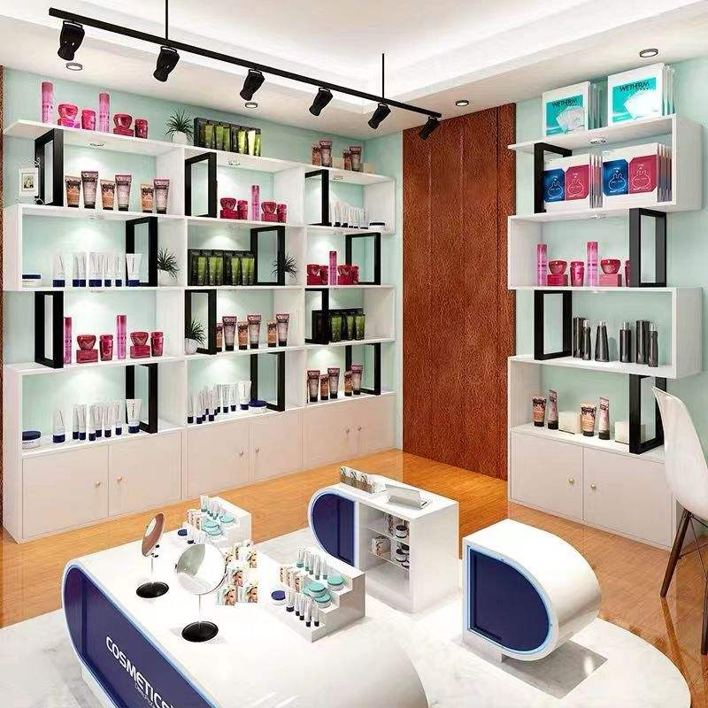 Stylish Style Cosmetic Retail Display Racks Skincare Shelves Wooden Storge Stand Metal Cosmetic Display Rack for Cosmetic Shops