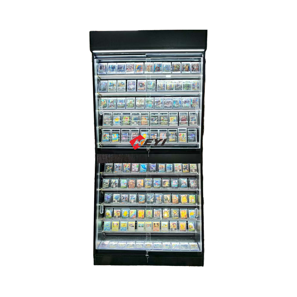 Wood Material Graded Sports Card Display Case Lockable Trading Card Collector Wall Display Rack With Led Light