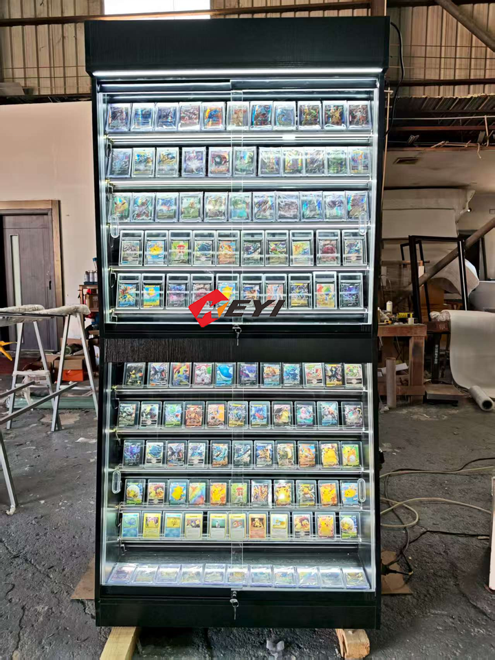 Wood Material Graded Sports Card Display Case Lockable Trading Card Collector Wall Display Rack With Led Light