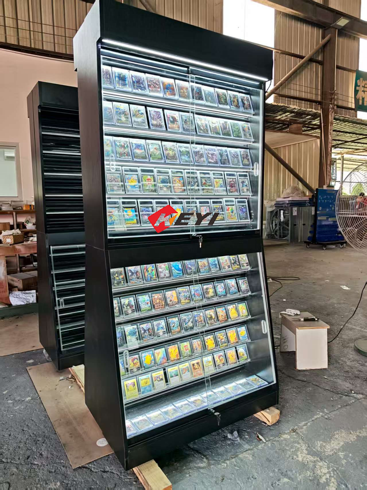 Wood Material Graded Sports Card Display Case Lockable Trading Card Collector Wall Display Rack With Led Light