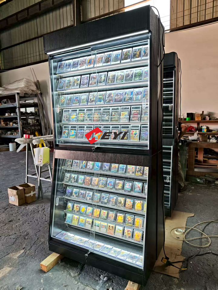 Wood Material Graded Sports Card Display Case Lockable Trading Card Collector Wall Display Rack With Led Light