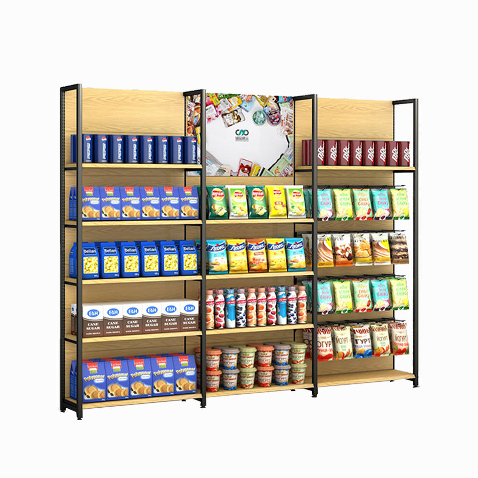 Customized Wooden and Metal Heavy-duty Retail Display Stand Single-sided Supermarket Shelves
