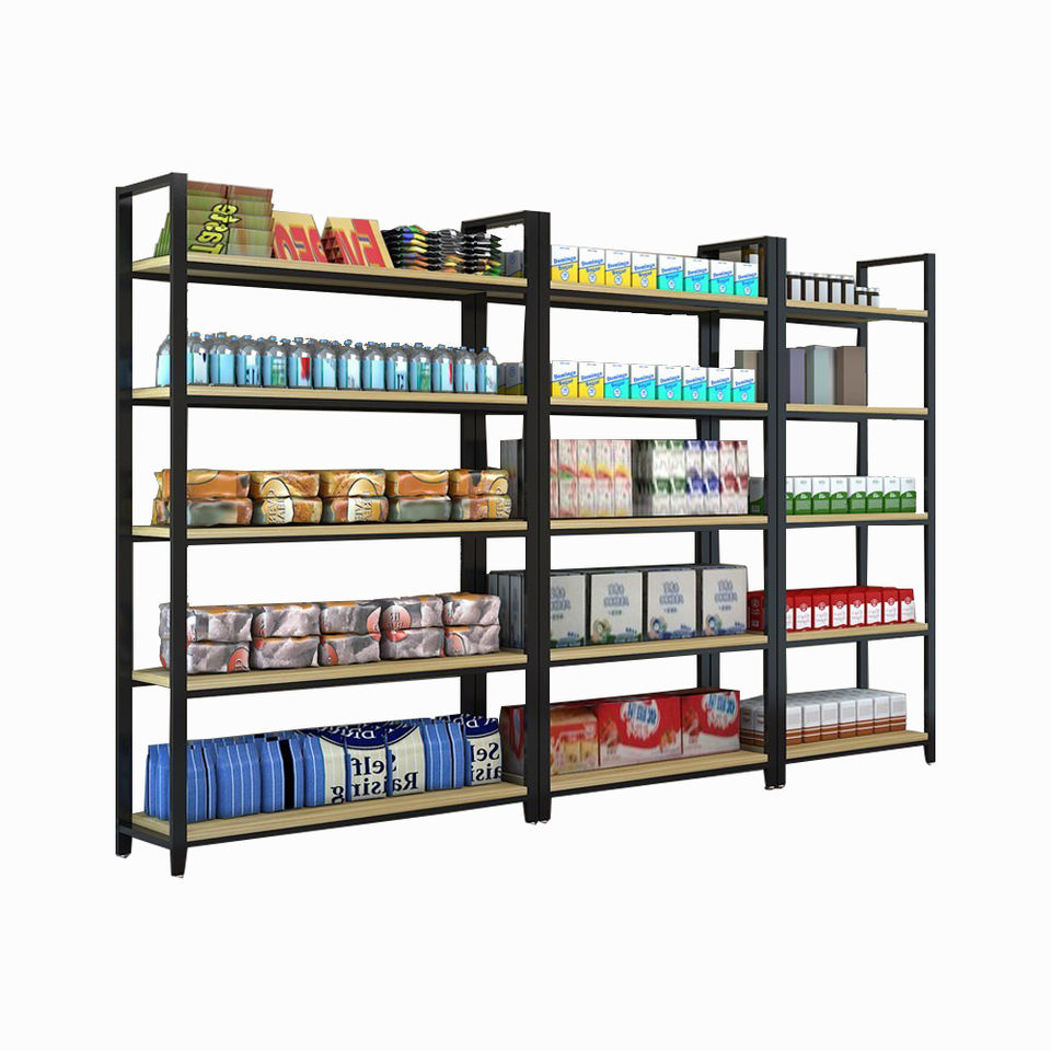 Customized Wooden and Metal Heavy-duty Retail Display Stand Single-sided Supermarket Shelves