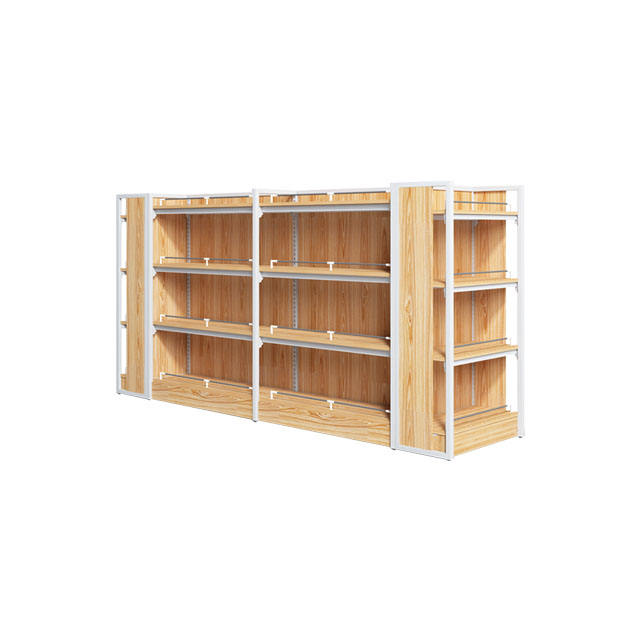 Customized Wooden and Metal Heavy-duty Retail Display Stand Single-sided Supermarket Shelves