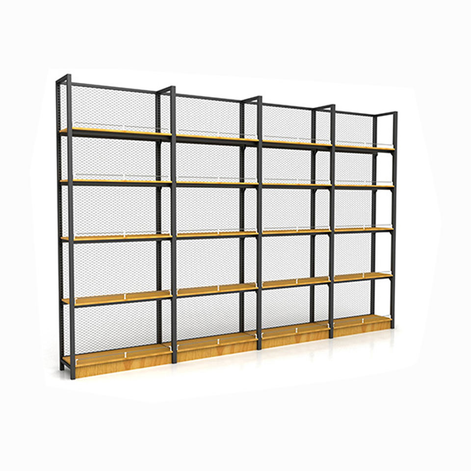 Customized Wooden and Metal Heavy-duty Retail Display Stand Single-sided Supermarket Shelves