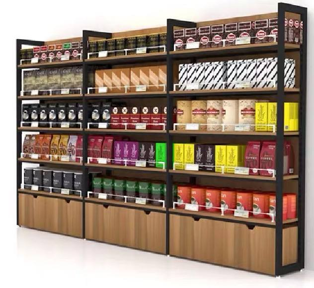 Customized Wooden and Metal Heavy-duty Retail Display Stand Single-sided Supermarket Shelves