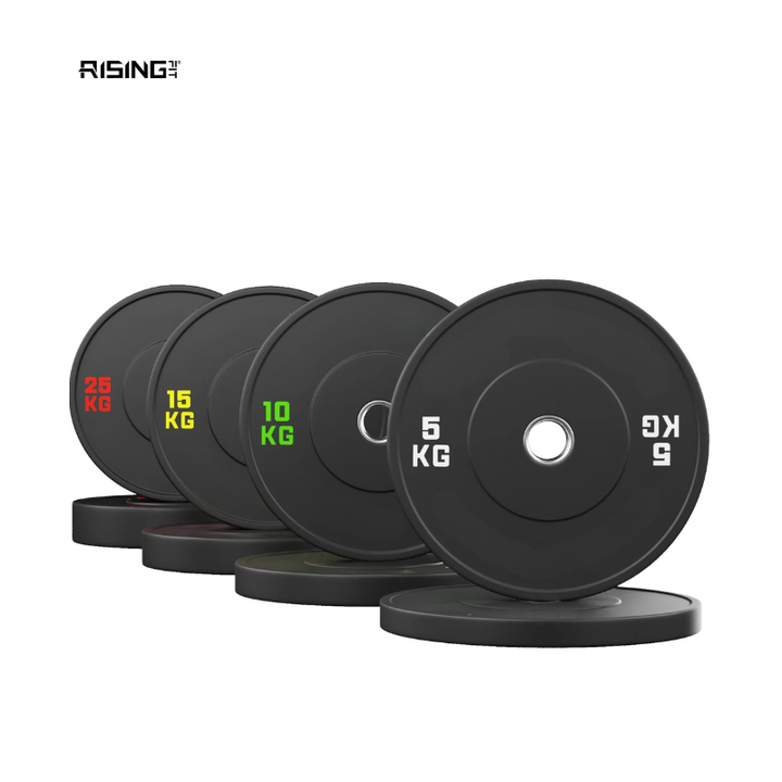 Rising Fitness Factory Wholesale Home Gym Portable Black Custom Logo 5-25 KG 10-55 LB Iron Rubber Barbell Bumper Weight Plate
