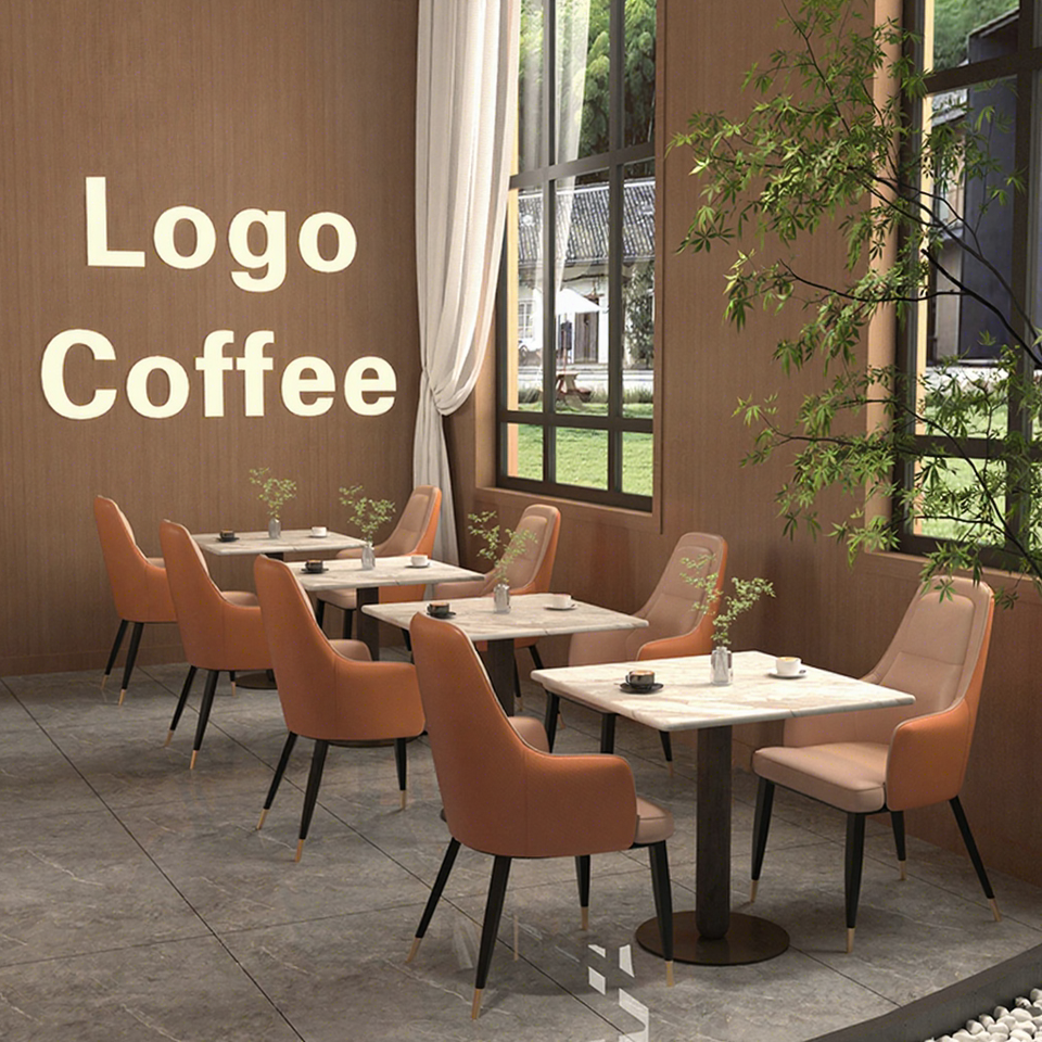 Customized Color Leather Upholstered Seats Light Square Marble Tabletops Modern Design Eco-Friendly Restaurant Furniture Set