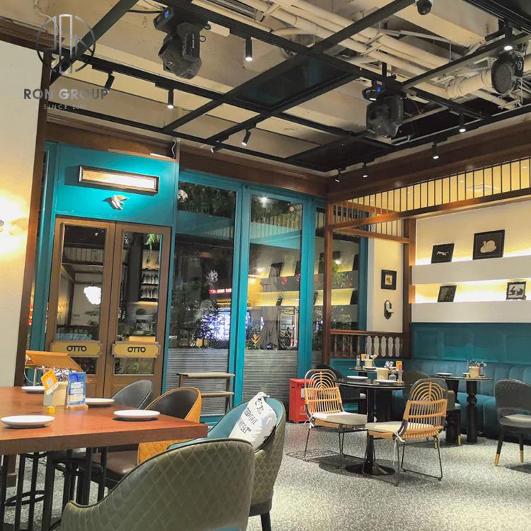 Modern Solid Wood Cafe Coffee Shop Restaurant Booth and Table Furniture Set with Sofa Seating