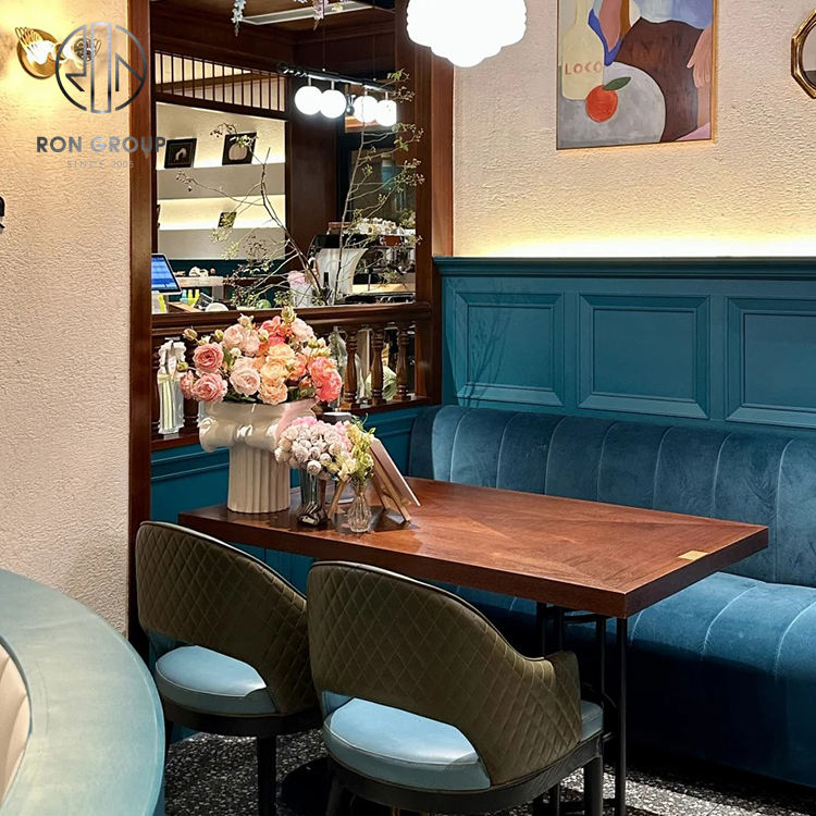 Modern Solid Wood Cafe Coffee Shop Restaurant Booth and Table Furniture Set with Sofa Seating