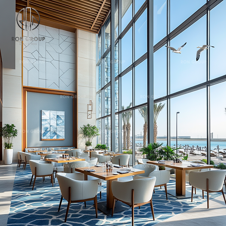 Modern Luxury Coastal Commercial Outdoor Patio Set Cafe Wooden Tables Striped Wicker Leather Chairs for Coffee Shop Restaurant