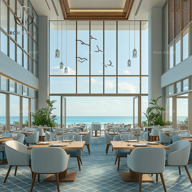 Modern Luxury Coastal Commercial Outdoor Patio Set Cafe Wooden Tables Striped Wicker Leather Chairs for Coffee Shop Restaurant