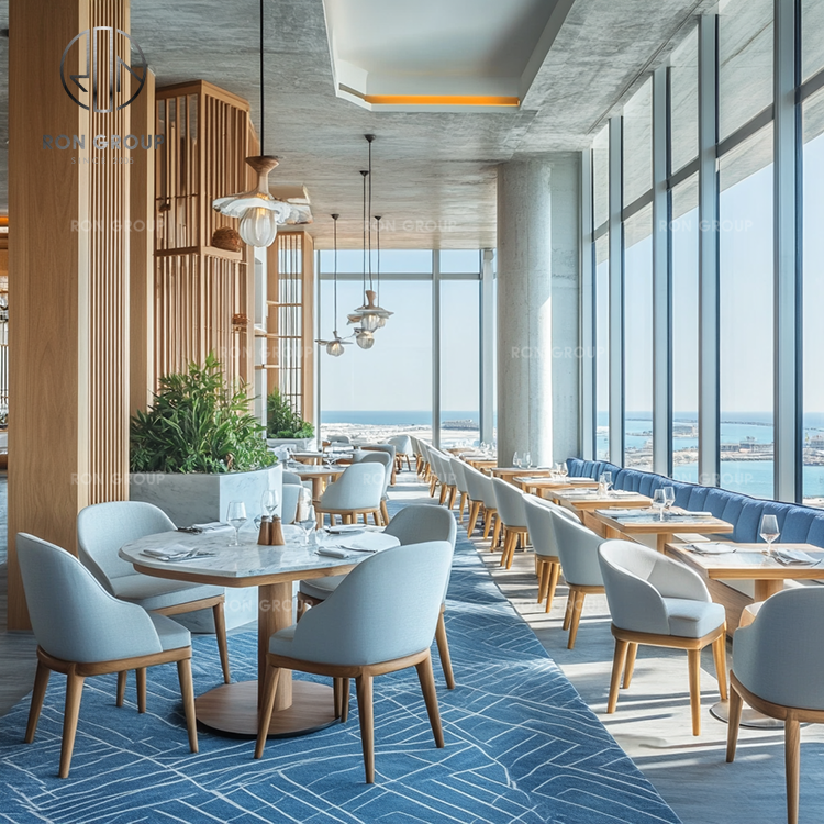 Modern Luxury Coastal Commercial Outdoor Patio Set Cafe Wooden Tables Striped Wicker Leather Chairs for Coffee Shop Restaurant