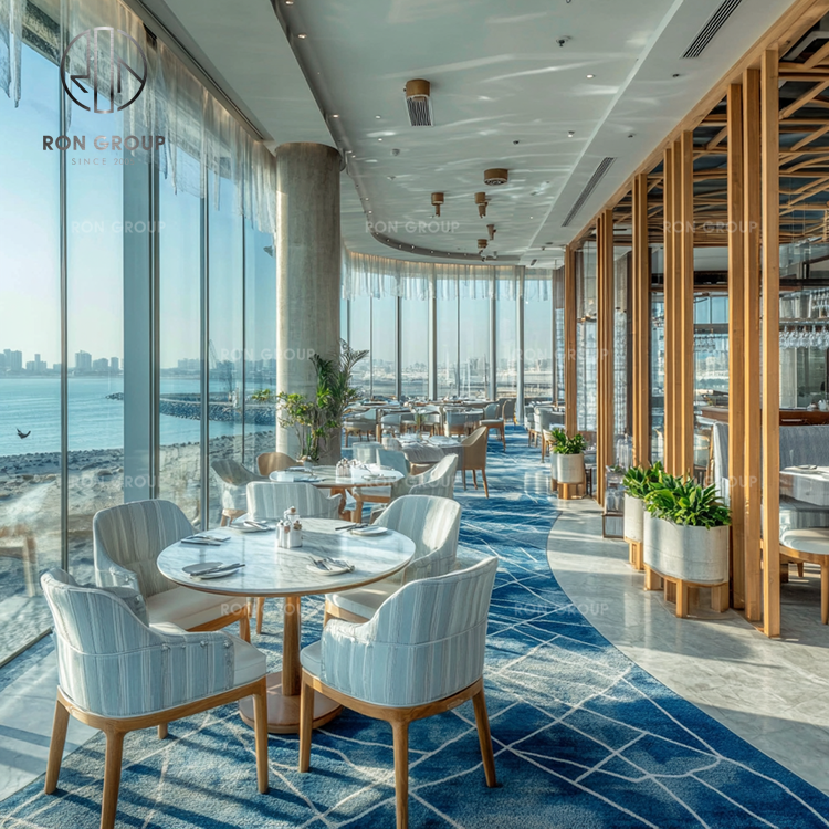 Modern Luxury Coastal Commercial Outdoor Patio Set Cafe Wooden Tables Striped Wicker Leather Chairs for Coffee Shop Restaurant