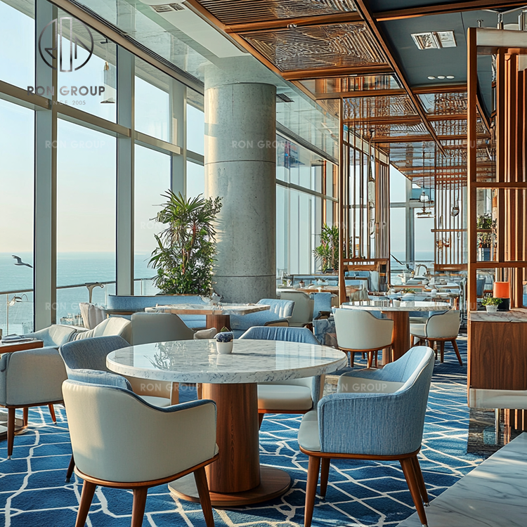 Modern Luxury Coastal Commercial Outdoor Patio Set Cafe Wooden Tables Striped Wicker Leather Chairs for Coffee Shop Restaurant