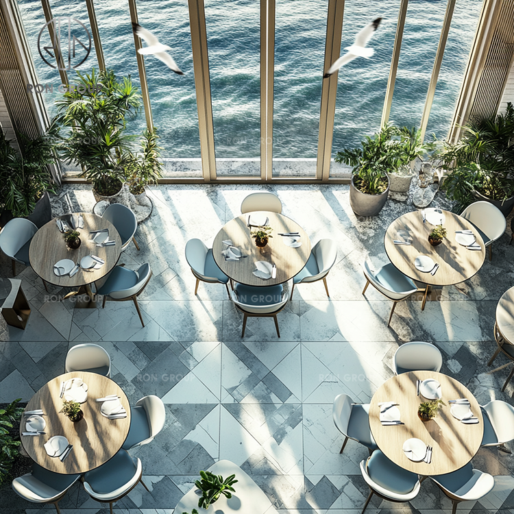 Modern Luxury Coastal Commercial Outdoor Patio Set Cafe Wooden Tables Striped Wicker Leather Chairs for Coffee Shop Restaurant