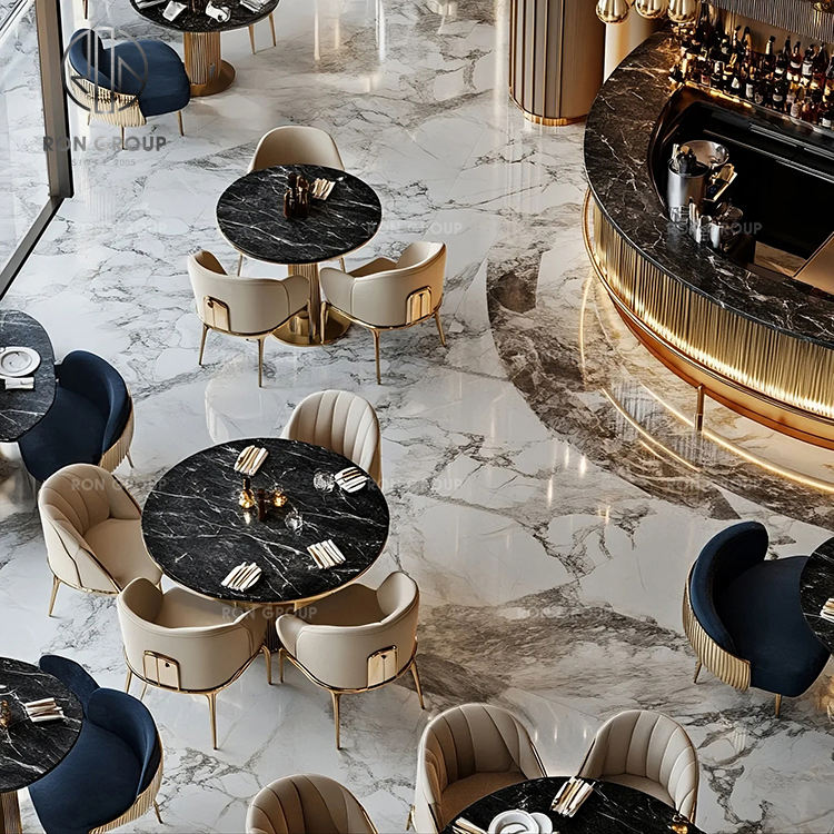 Luxury Restaurant Coffee Shop Furniture Set Round Dark Marble Table with Leather Dining Chairs Set for Cafe