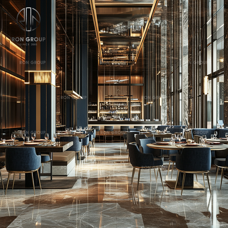 Luxury Restaurant Coffee Shop Furniture Set Round Dark Marble Table with Leather Dining Chairs Set for Cafe