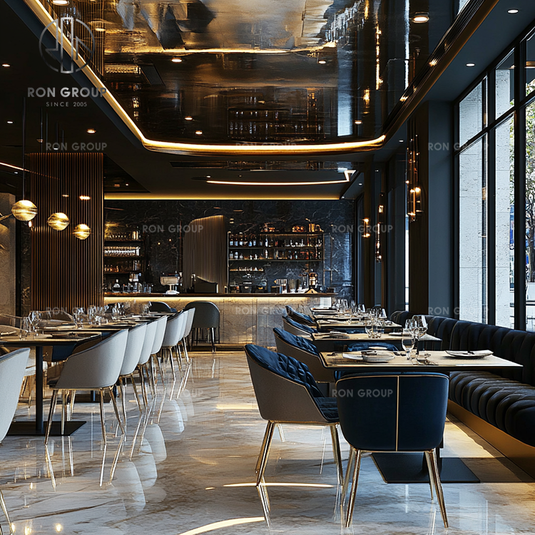 Luxury Restaurant Coffee Shop Furniture Set Round Dark Marble Table with Leather Dining Chairs Set for Cafe