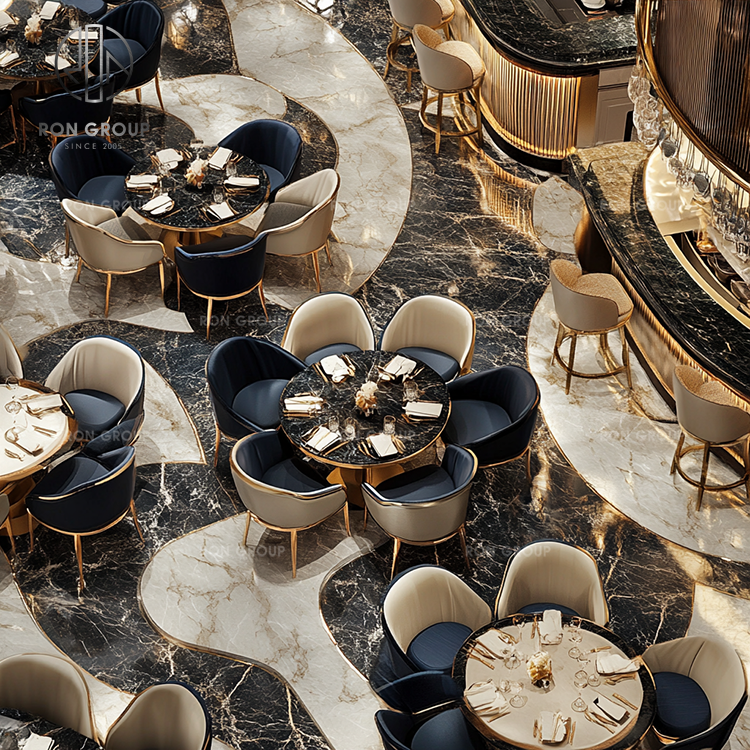 Luxury Restaurant Coffee Shop Furniture Set Round Dark Marble Table with Leather Dining Chairs Set for Cafe