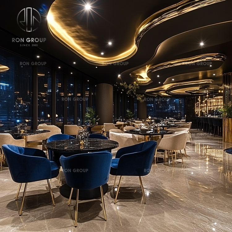 Luxury Restaurant Coffee Shop Furniture Set Round Dark Marble Table with Leather Dining Chairs Set for Cafe