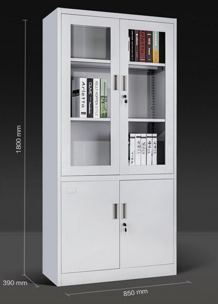 School Office Wooden Furniture Lower Double Doors Metal Storage Closet Office Cabinet File with 2 Glass Doors and 3 Shelves