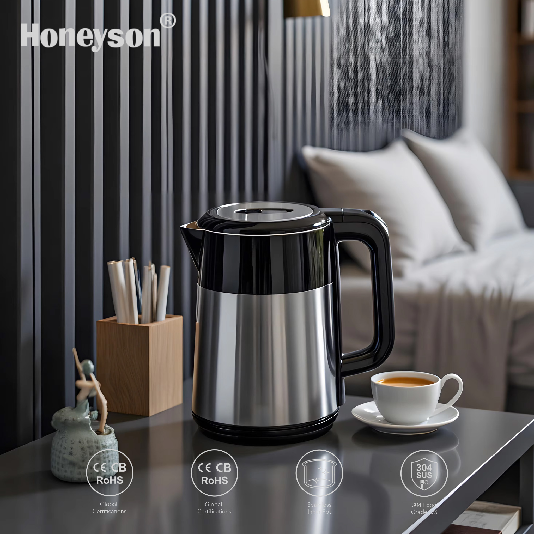 Dual Wall 304 Stainless Steel Cordless Electric Kettle 1.0L Automatic Shut-Off Boil-Dry Protection 360 Degree Household