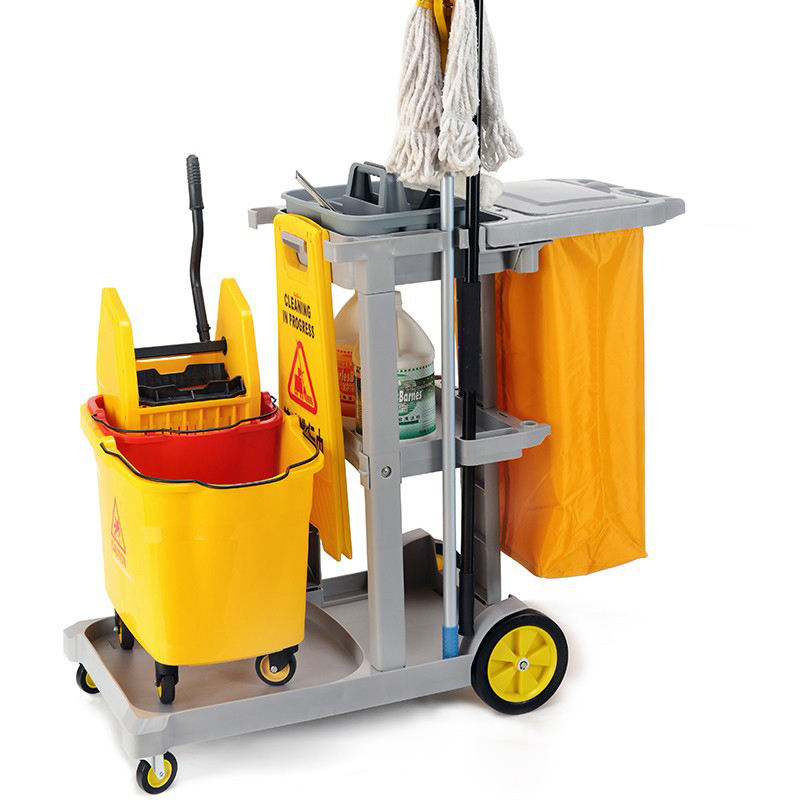Multi-purpose Plastic Hotel Housekeeping Cleaning Janitor Cart Folding Wholesale Gray Cleaning Cart with Cover