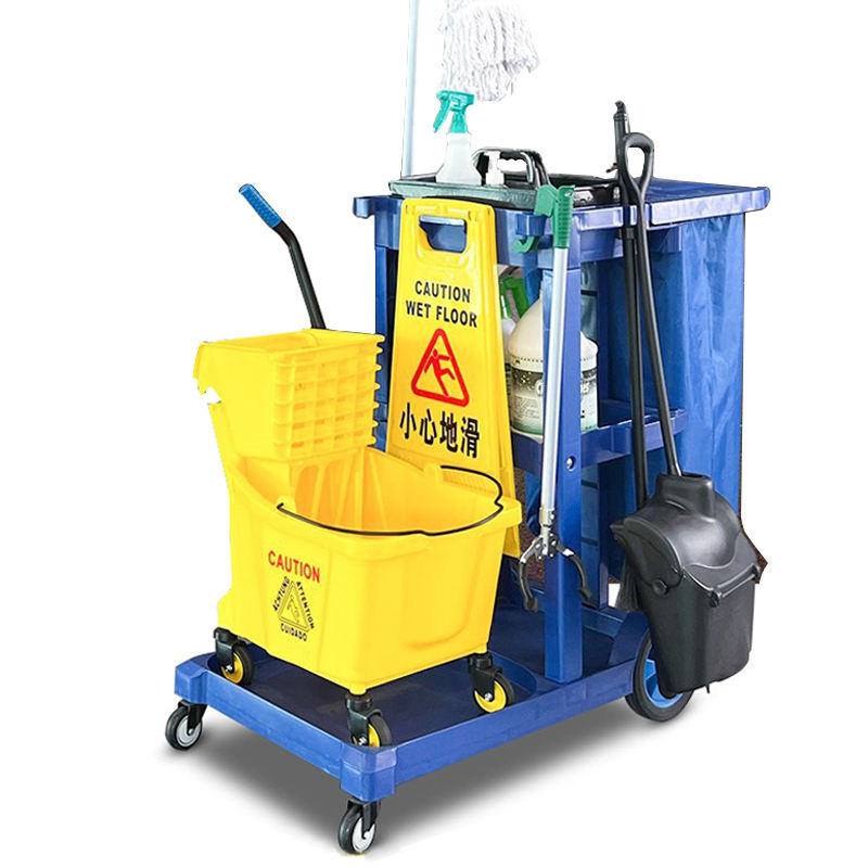 Multi-purpose Plastic Hotel Housekeeping Cleaning Janitor Cart Folding Wholesale Gray Cleaning Cart with Cover