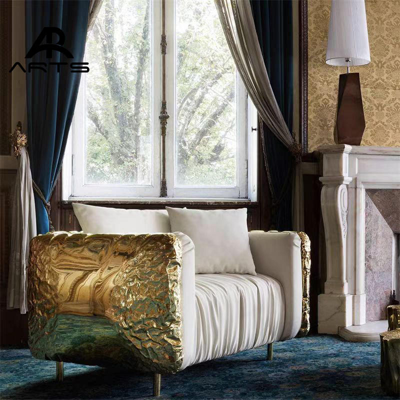 High Quality Classic Italian Luxury Gold Couch Sofa Set Genuine Leather for Villa Use for Living Room Sofa Sectional