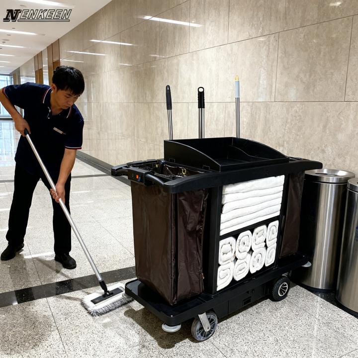 Electric Plastic Hotel Service Cart with Laundry Basket for Room Service Housekeeping Hospital Use (300KG Capacity)