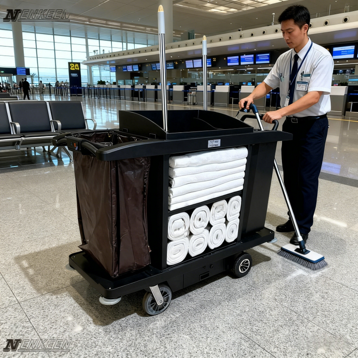 Electric Plastic Hotel Service Cart with Laundry Basket for Room Service Housekeeping Hospital Use (300KG Capacity)