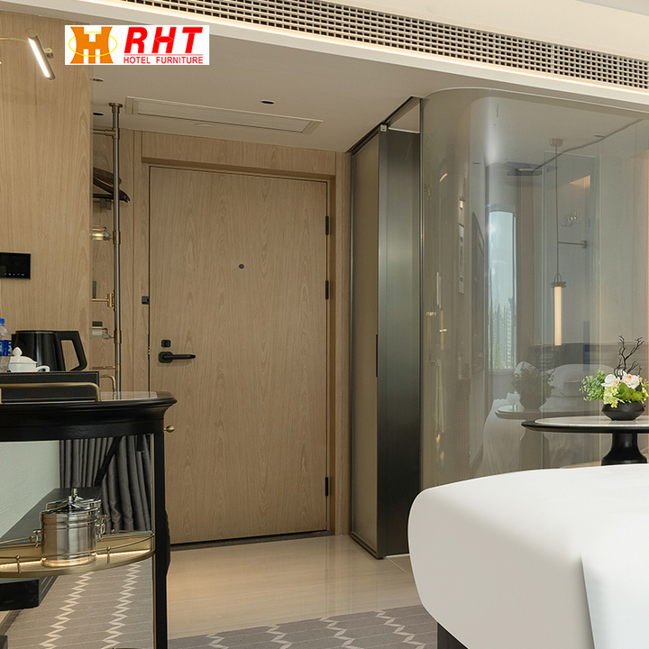 Hotel Guest Room Wood Door with Light Wood Grain Finish - Complements Modern Minimalist Hotel Spaces